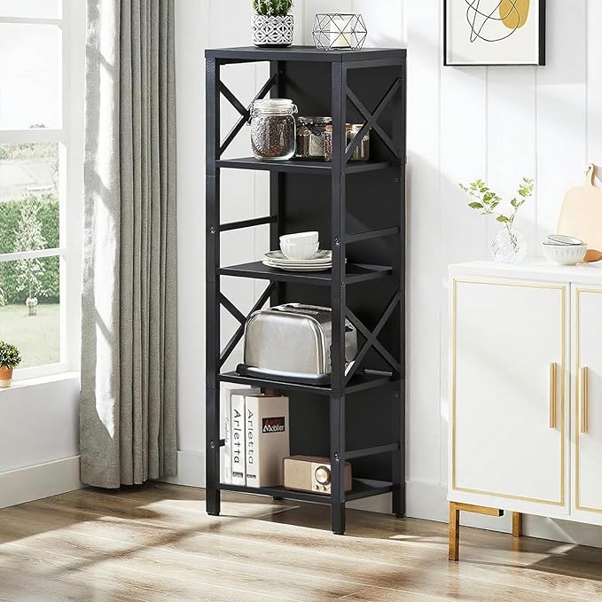 Small Bookshelf,5 Tier Industrial Bookcase with Metal Frame and Backboard,Narrow Black Book Shelf,Office Book case for Small Spaces,Living Room,Bedroom and Home Office