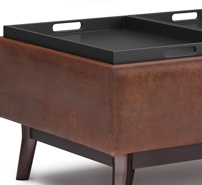 SIMPLIHOME Owen 34 inch Wide Mid Century Modern Rectangle Tray Top Small Coffee Table Storage Ottoman in Distressed Saddle Brown Vegan Faux Leather, Assembled, For the Living Room and Entryway