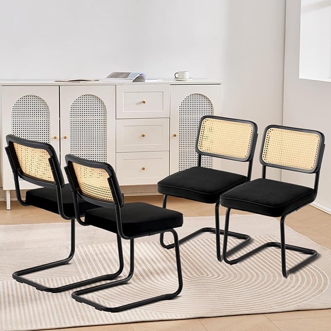 VEVOR Rattan Dining Chairs Set of 4, Mid Century Modern Dining Chair, Upholstered Velvet Accent Chair with Rattan Back, Retro Dining Room Kitchen Chair for Living Room, Bedroom (18.1 Inch)
