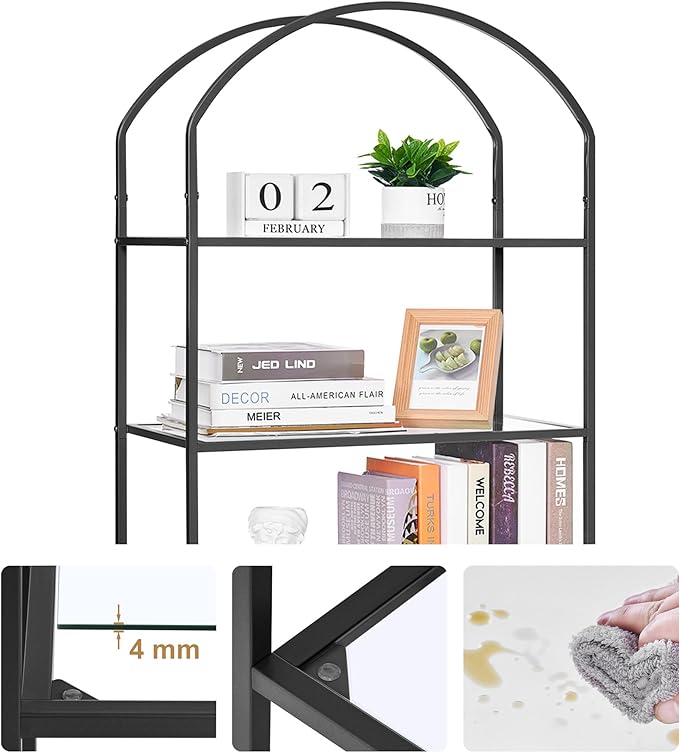 Homhedy Bookshelf Arched Display Racks,Metal Bookcase,Tempered Glass Shelves,Storage Rack Shelf for Home Office,Living Room,Bedroom, Bathroom,Modern Style (Black, 11.8" D x 23.6" W x 73.6" H)