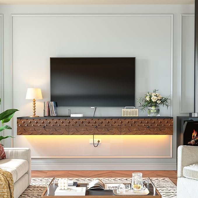 Fully-Assembled Floating TV Stand, Vintage Carved Floating Entertainment Center with Flip-Down Doors & Drawer, Walnut Wood Media Console Shelf Cabinet Under TV Storage for Living Room, 70IN