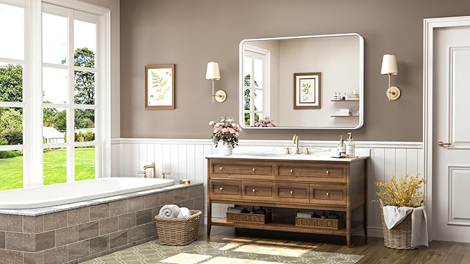 TokeShimi 40 x 30 Inch Wall Mirror for Bathroom White Metal Frame Decorative Rectangular Wall Mounted Home Decor Corner Hangs Farmhouse Mirror (Horizontal/Vertical)
