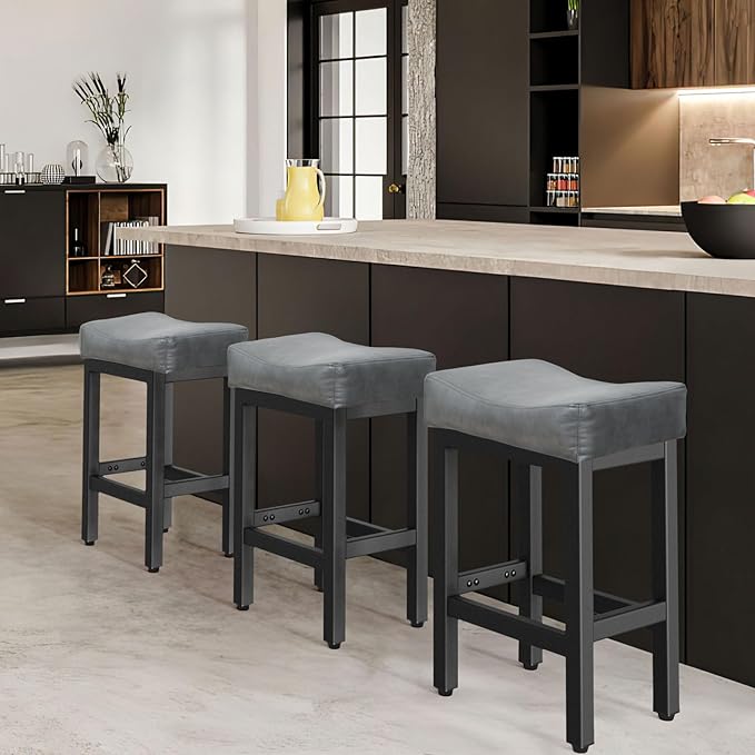 Counter Height Bar Stools Set of 3, 24 Inch Barstools for Kitchen Island Counter, Bonded Leather Kitchen Stools with Thick Saddle Seats & Heavy Duty Metal Base, Easy Assembly, Gray/Black
