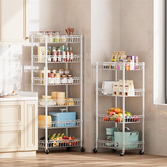 SINGAYE 6 Tier Basket Shelf Wire Shelving Unit Adjustable Storage Shelves Big Basket Rack for Garage Kitchen Office Pantry Corner 17" Dx12 Wx63 H White