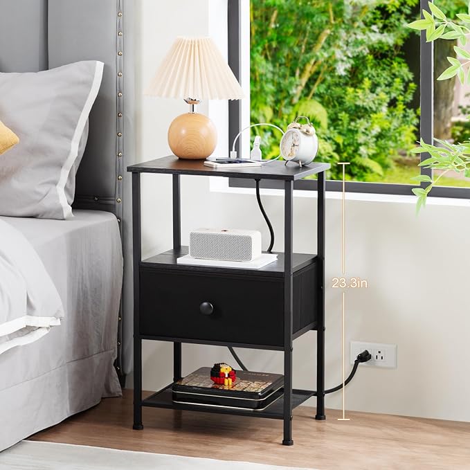 Night Stand Set 2, Black Nightstand with Charging Station, End Tables Living Room with Fabric Drawer for Small Spaces, Side Tables with Storage Shelf for Bedroom, HETS010BK