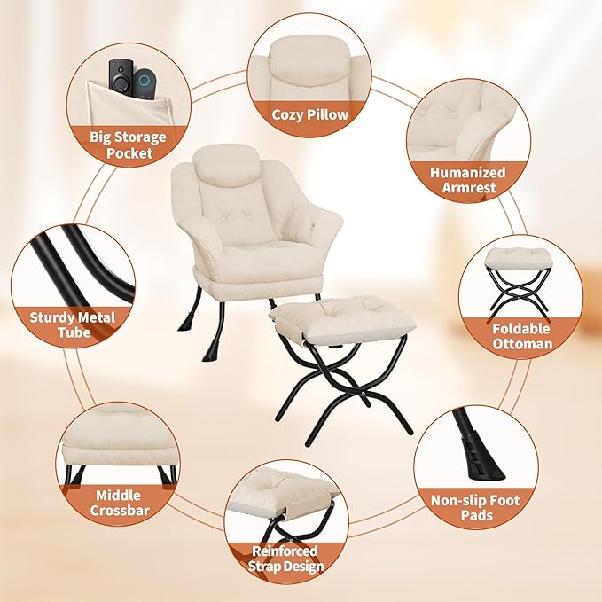IDEALHOUSE Lazy Chair with Ottoman - Modern Living Room Chairs for Small Spaces, Ergonomic Reading Chair with Armrests, Comfy Chair with Ottoman for Bedroom & Living Room, Beige