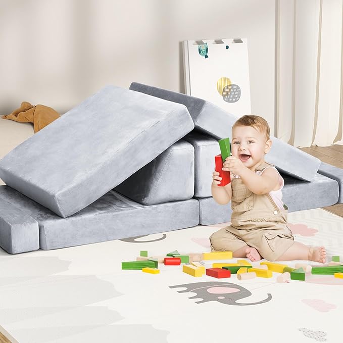 10Pcs Kids Play Couch,Toddler Sofa,Modular Kids Couch for Playing, Creativing, Sleeping (Grey)