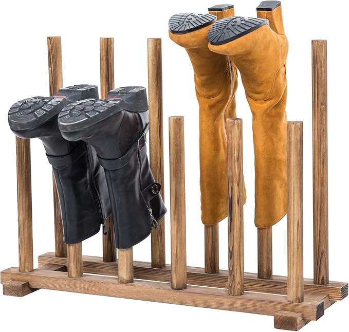 MyGift Rustic Burnt Brown Solid Wood Floor Standing Boot Holder Rack, Wooden Entryway Shoe Storage Organizer Stand Holds 6 Pairs of Tall and Short Boots