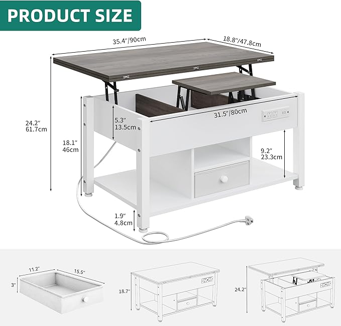 YITAHOME 4-in-1 Lift Top Coffee Table with RGB Light & Dual Tops, Multi-Function Table with Power Outlets, Storage, Converts to Dining Table Computer Desk Gaming Hub, Living Room, Home Office, White