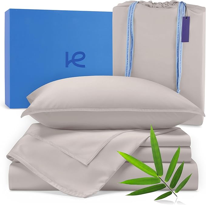 Kickoff Viscose Bamboo Sheets Queen Size 4-pc 100% Organic Bamboo Viscose Bed Cooling Sheets Queen Size Set Cool Bedding for hot Sleepers Sheet, Flat, Fitted, Pillowcases (Dove Grey, Q)