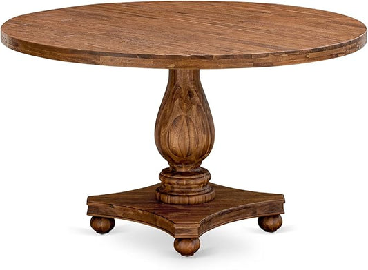 I52-0N-TP Dining Room Table with Acacia Wood Round Tabletop and Elegant Pedestal Base - Antique Walnut Finish