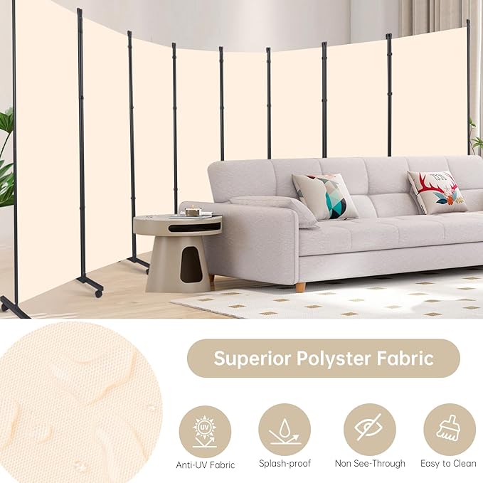 Room Divider 8 Panel Room Dividers/Wheels, Fabric Room Divider Panel for Office Room Partitions and Dividers, Portable Partition Wall Divider for Room Separation, Flexible Privacy Screen Indoor