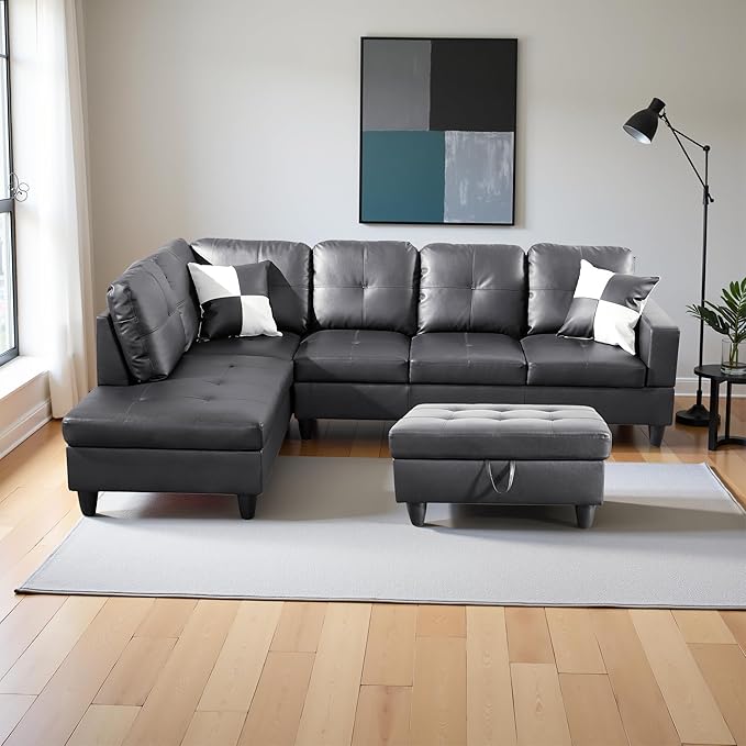 L Shaped Couch Faux Leather Sectional Couch Upholstered 3 Pieces Sofas for Living Room with Chaise, Storage Ottoman for Office and Small Apartment, Black