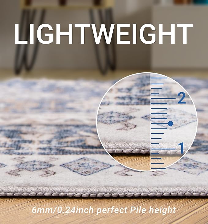 zesthome 4x6 Rug - Stain Resistant Washable Rug, Anti Slip Backing Rugs for Living Room, Foldable Vintage Small Area Rugs (Blue/Beige,4'x6')