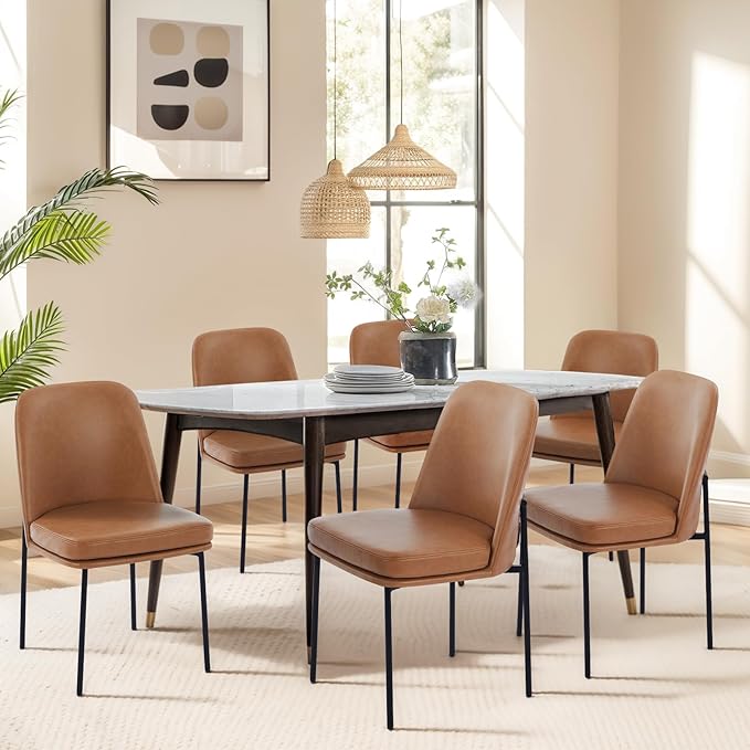 COLAMY Modern Dining Chairs Set of 6, Faux Leather Upholstered Dining Room Chairs Kitchen Chairs Dinner Chair with Curved Back and Metal Legs, Brown