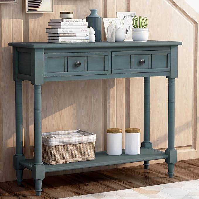 Bellemave Console Table with Drawers, Retro Entryway Table with 2 Drawers and Open Storage Shelf, Narrow Long Sofa Table, Behind Couch Table for Living Room, Foyer and Hallway,Navy