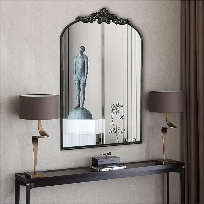 WAMIRRO Arched Mirror,Black Traditional Vintage Ornate Baroque Mirrors,Antique Brass Mirrors for Entryway/Fireplace/Living Room/Hallway/Bathroom.24“X36“ Black