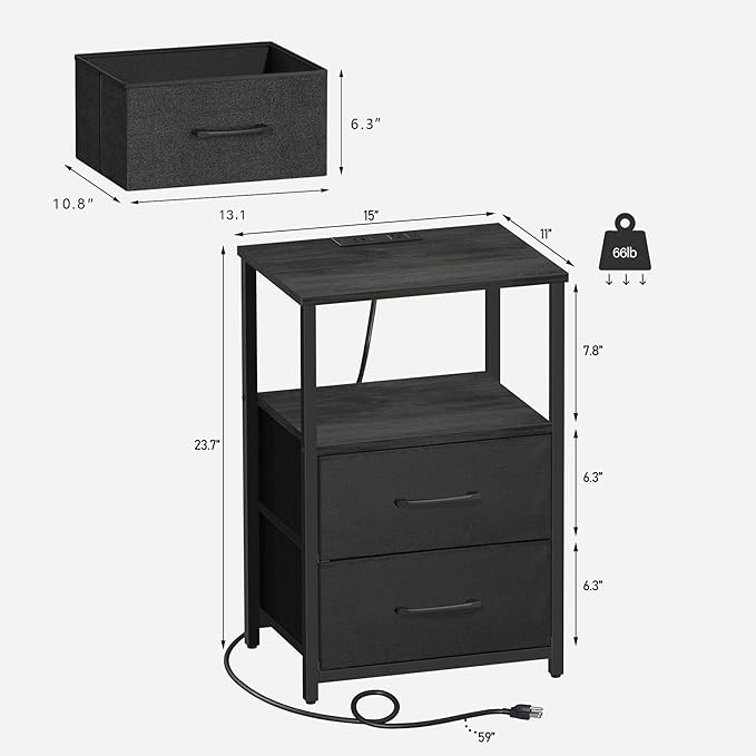 TUTOTAK End Table with Charging Station, Night Stand, Side Table with 2 USB Ports and Outlets, Nightstand with Cloth Drawer, Bedside Table for Livingroom, Bedroom Charcoal Grey TB01BY088