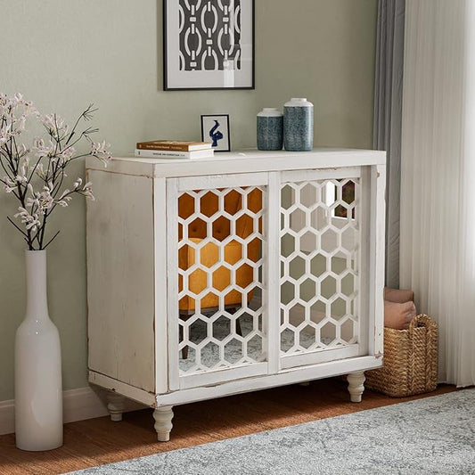COSIEST 31.5" W Sideboard Buffet Cabinet with Mirrored Doors and Adjustable Shelf, Kitchen Storage Cabinet with Sliding Doors for Dining Room, Hallway, Living Room (White, Honeycomb Pattern)