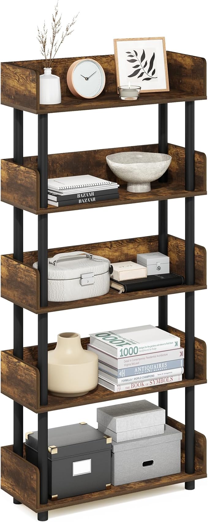 Furinno Turn-N-Tube 5-Tier Multipurposes Display Rack, Open Shelf Rack/Storage with Back & Side Panel, Amber Pine/Black