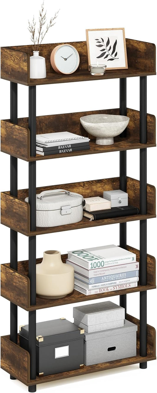 Furinno Turn-N-Tube 5-Tier Multipurposes Display Rack, Open Shelf Rack/Storage with Back & Side Panel, Amber Pine/Black