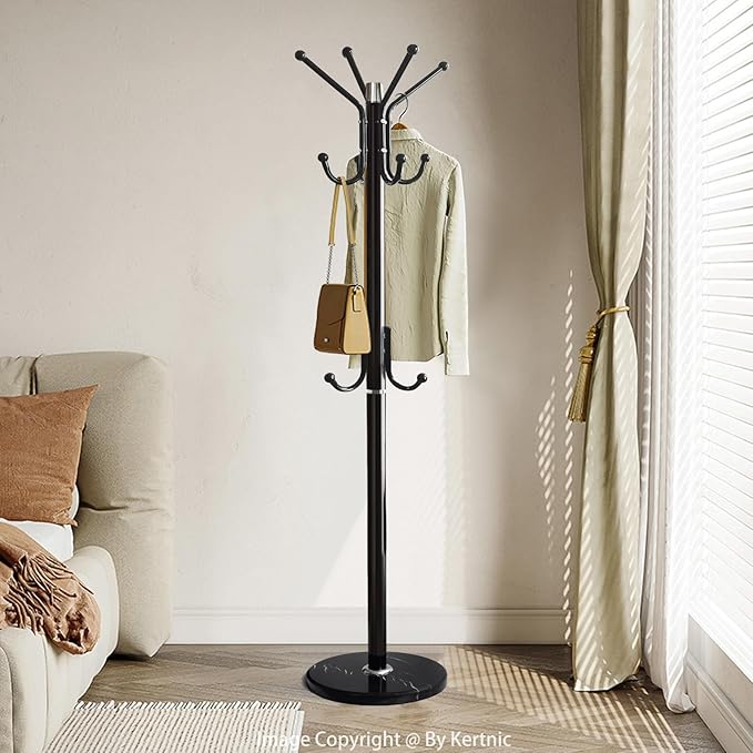 Kertnic Modern Coat Rack Freestanding with Natural Marble Base & Sturdy Metal Frame, 11 Hooks Hall Tree for Jackets, Hats, Bags, Entryway Organizer for Bedroom, Living Room, Closet (Black)