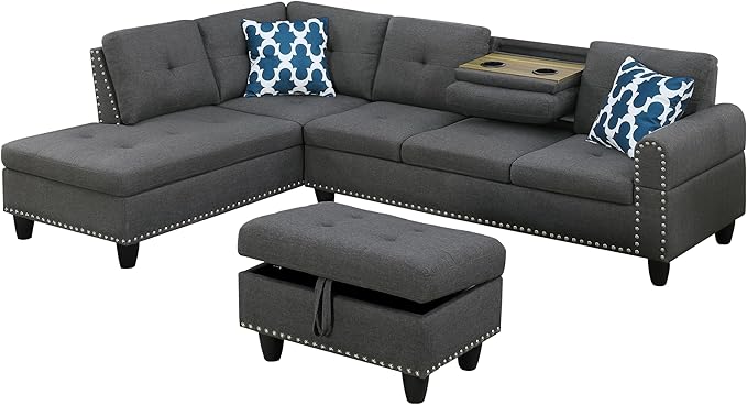 Ball & Cast 98" L Shaped Modular Sectional Couch for Living Room with Chaise & Storage Ottoman,4 Seat Linen Upholstered Sectional Sofa Set 3 PCS W/Cup Holders & Coffee Table,for Home,Office,Dark Gray