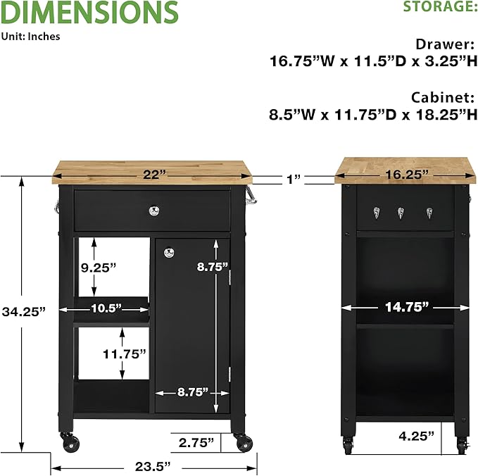 OSP Home Furnishings Derry Modern Farmhouse Kitchen Cart with Natural Butcher Block Top, Rolling Storage Cabinet with Drawer, Shelves, Hooks, Black Finish