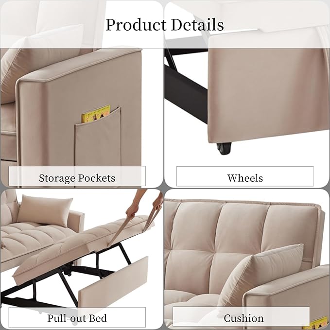 KEIKI Velvet Loveseat Convertible Sofa Bed Sleeper Chair with Adjustable Backrest, Pillows & Storage Pockets, 3 in 1 Pull-Out Couch Chaise Lounge Recliner for Living Room Balcony Bedroom, Taupe