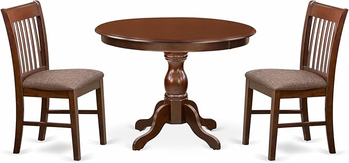 East West Furniture HBNF3-MAH-C 3 Piece Dining Room Table Set Contains a Round Kitchen Table with Pedestal and 2 Linen Fabric Upholstered Dining Chairs, 42x42 Inch, Mahogany