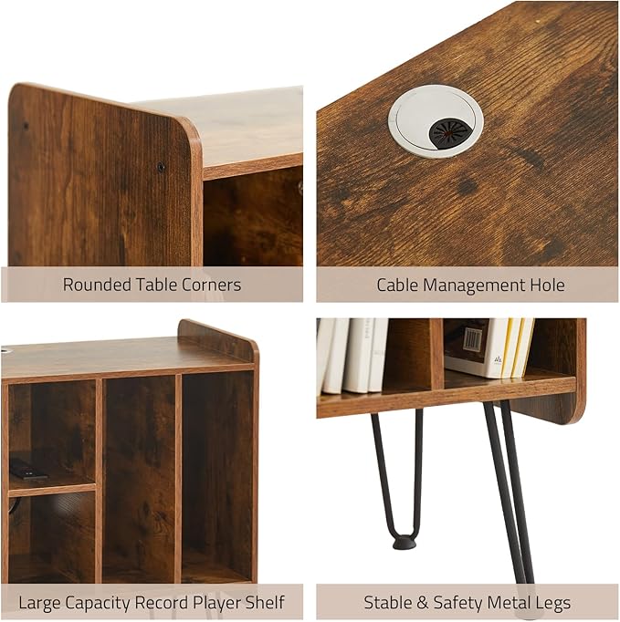 Large Brown Record Player Stand with Vinyl Storage, Power and USB Port, Holds Up to 200 Albums, Turntable Stand with Record Storage Cabinet