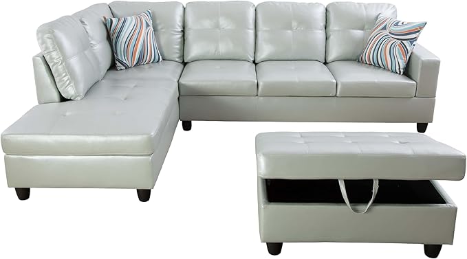NicBex Sectional Couch 3 Pieces Sofa Set with Right Chaise PU Synthetic Leather L Shaped Cloud Couch for Living Room Furniture Sets with Storage Ottoman, Modular Sofa for Apartment, Silver Green