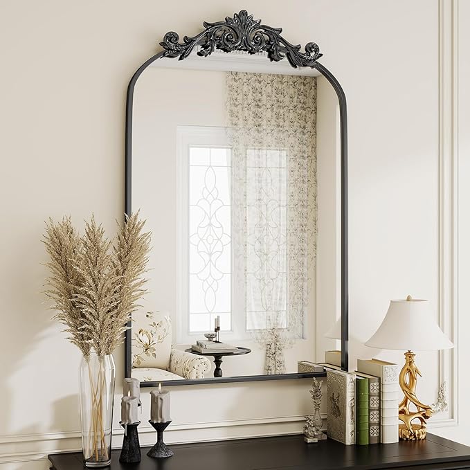 Vintage Arched Bathroom Mirror, 24x36 Inch Retro Wall Mounted Vanity Mirror with Carved Pattern Top and Metal Frame, Black Decorative Mirror for Hanging or Leaning