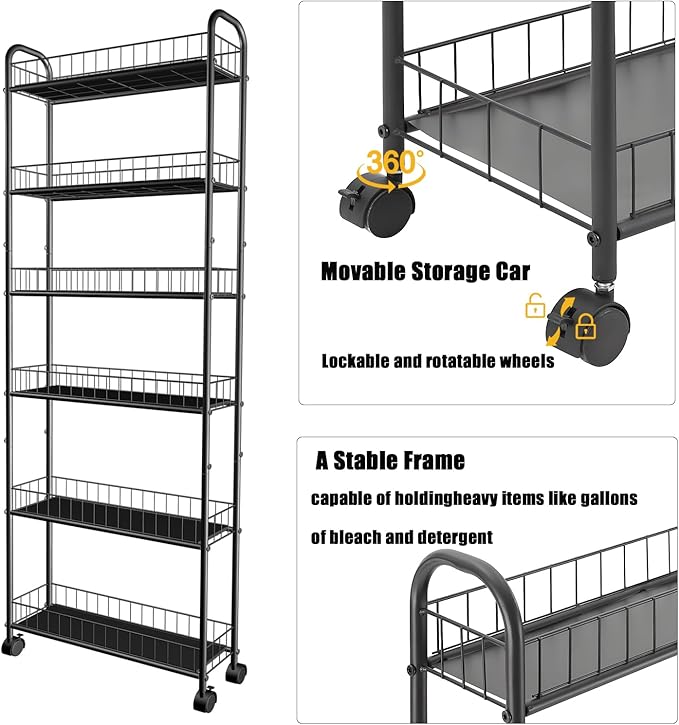 Slim Storage Cart with Wheels, 6-Tier 6in Black Narrow Rolling Shelf,Sturdy Slim Storage Ideal for Kitchen, Bathroom, and Laundry Room
