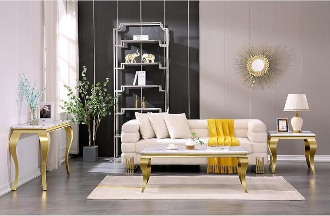 End Table, White and Gold Side Table for Living Room, Bedroom, Glam Stable End Table with Square White Top and Polished Gold Cabriole Legs, Set of 4