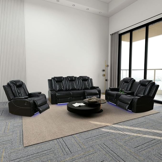 Electric Power Recliner Chair/Loveseat/Sofa Living Room, Comfy Home Theater Breathing Leather Seating with USB 2.0 Charging Ports, LED Light Strips, Fold-Down Table & Cupholders (Black, 3-Piece)