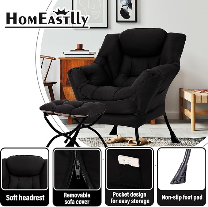 Lazy Chair with Ottoman, Large Modern Lounge Accent Chair with Armrests and Footrest, Reading Armchair with Ottoman, Leisure Sofa Chair for Living Room, Bedroom, Dorm Room, Office（Black）