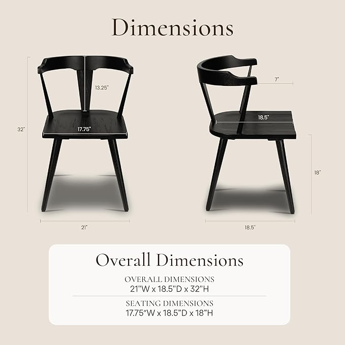 POLY & BARK Mid Century Modern Enzo Black Dining Chair – Solid Oak Wood Splat Back Chair, 18" Seat Height, 32" Tall – Stylish MCM Kitchen & Dining Room Chair - Set of 2