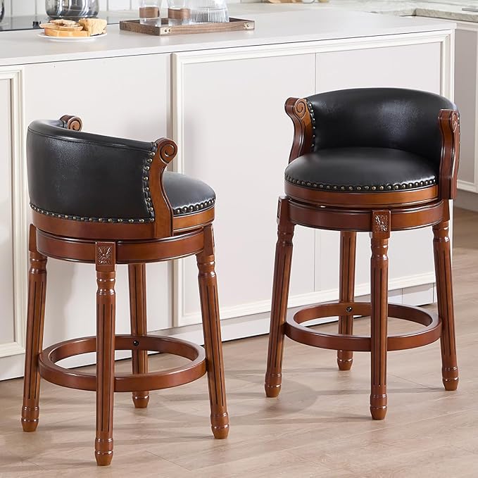 Cow top Leather Wooden Bar Stools, 29.5" Bar Height Bar Chair with Back, 180 Degrees Swivel Barstools Chair for Home Kitchen Counter,Dining Room (Black-2pcs, Counter Height-Seat Height 26”)