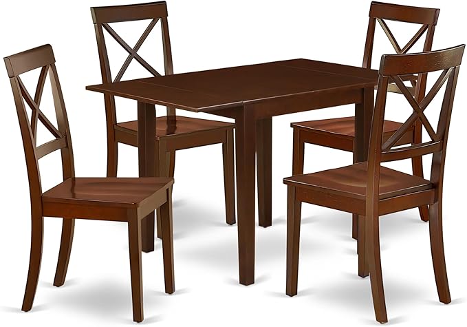 East West Furniture NDBO5-MAH-W 5 Piece Dining Room Furniture Set Includes a Rectangle Dining Table with Dropleaf and 4 Wood Seat Chairs, 30x48 Inch, Mahogany