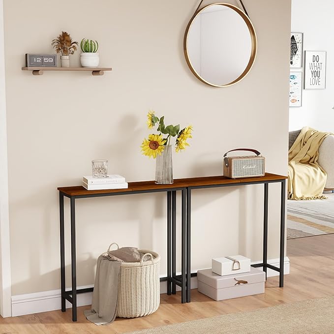 HollyHOME Narrow Console Table, 29.5" Slim Entryway Table, Sofa Stand, Hallway Shelf for Hallway, Bedroom, Living Room, Foyer, Canyon Walnut