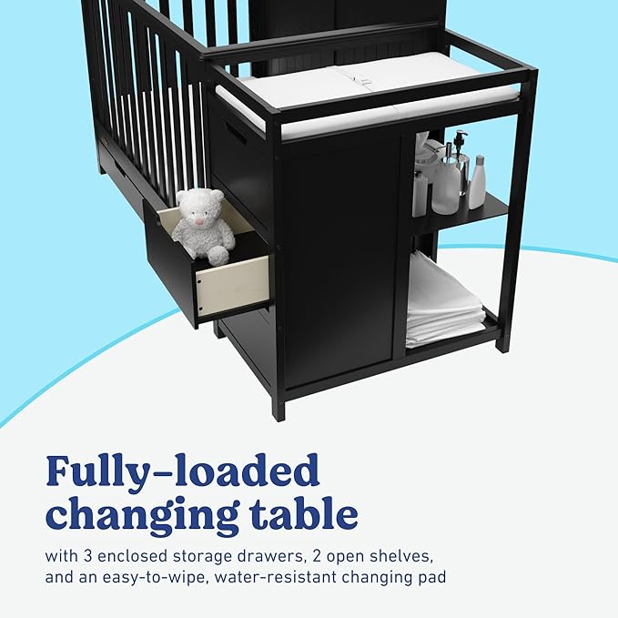 Graco Hadley All-in-One Convertible Crib & Changer (Black) – GREENGUARD Gold Certified, Fits Standard Crib Mattress, Converts to Toddler Bed and Full Bed, 4 Adjustable Mattress Heights