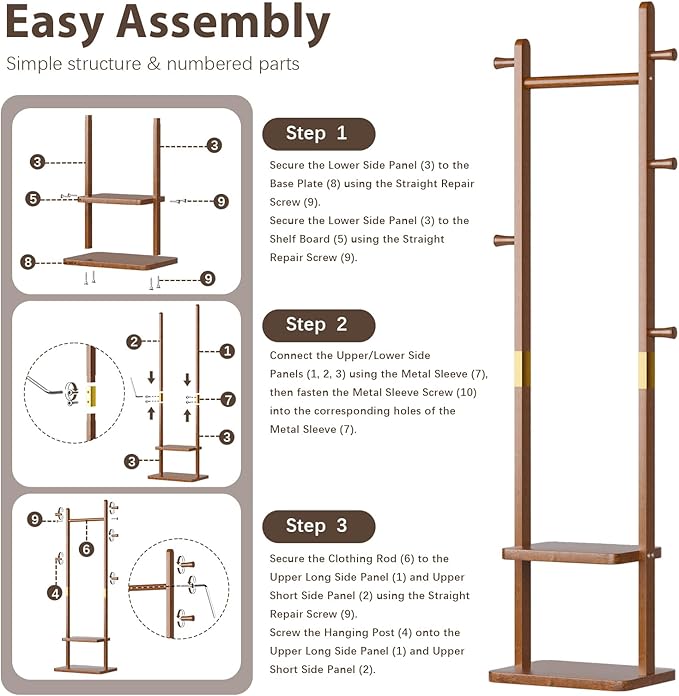 Solid Wood Coat Rack Clothes Rack, Coat Rack Freestanding with 2 Shelves and 5 Hooks, Heavy Duty Coat Tree for Entryway, Living room, Coat Hanger Stand for Hats, Bags Clothes(Walnut Brown)
