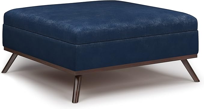 SIMPLIHOME Owen 36 inch Wide Mid Century Modern Square Coffee Table Storage Ottoman in Distressed Dark Blue Vegan Faux Leather, Assembled, for the Living Room, Entryway and Family Room