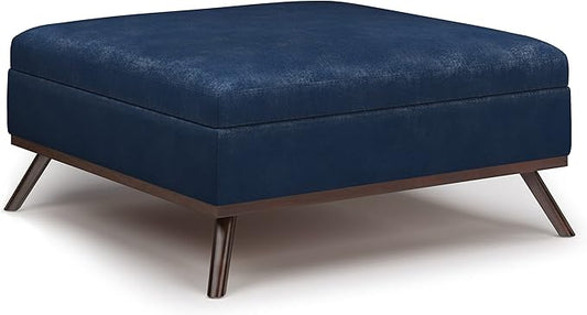 SIMPLIHOME Owen 36 inch Wide Mid Century Modern Square Coffee Table Storage Ottoman in Distressed Dark Blue Vegan Faux Leather, Assembled, for the Living Room, Entryway and Family Room