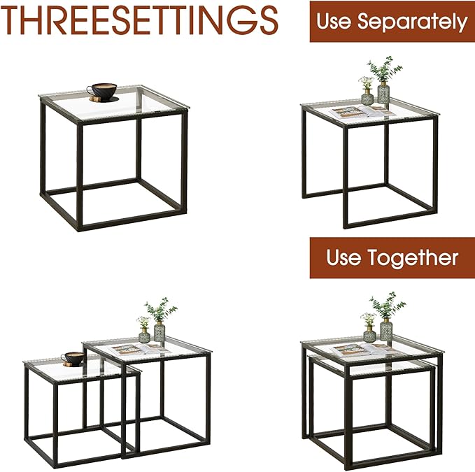 VILAWLENCE Coffee Table Set of 2, Modern Black Glass Side Table, Metal Frame Square End Table, Center Tables,Nesting Coffee Table for Living Room,Bedroom and Small Spaces