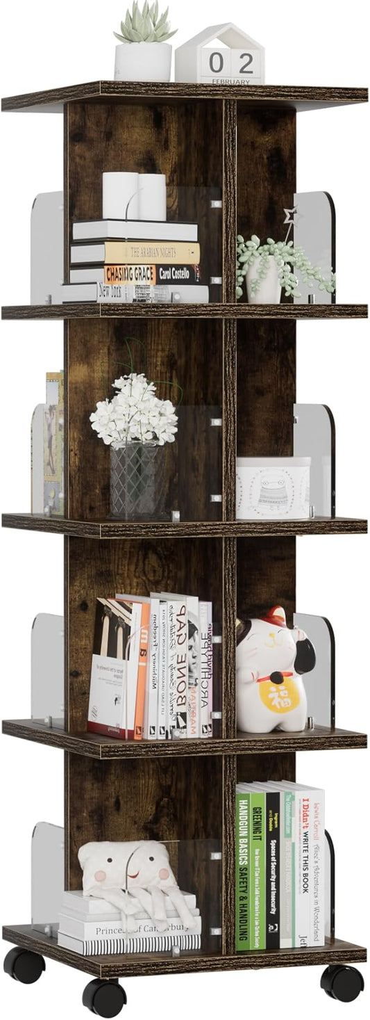 VECELO 4-Tier Rotating Bookshelf, Modern Swivel Bookcase for 360°Display,Stackable Square Book Shelves Floor-Standing Storage for Home Office, Solid Wood, Smooth Spinning, Brown