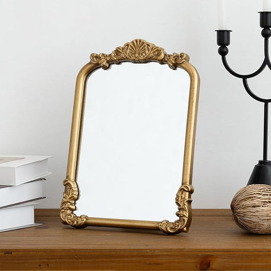 Vintage Vanity Mirror Small Gold Makeup Desk Mirror with Stand Antique Traditional Arched Table Mirror 8.5x12 for Countertop Tabletop Living Room Bedroom Bathroom