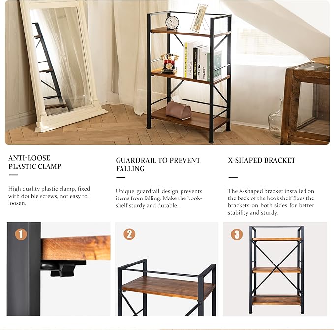 Crofy Rustic Bookshelf, 3 Tier Real Wood Bookshelf, Metal Book Shelf for Storage, Black Bookcase, 12.6" D x 23.62" W x 36.61" H