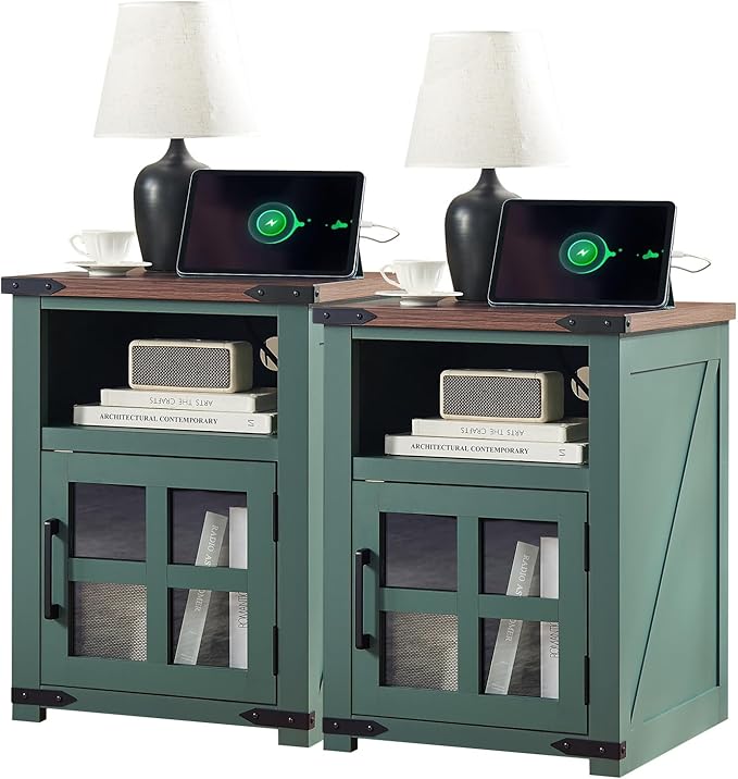 Farmhouse Nightstand with Charging Station, Rustic End Table with Tempered Glass Barn Door, Wood Sofa Side Bedside Table with Open Storage Shelf for Living Room, Bedroom, Green, 2 Pack